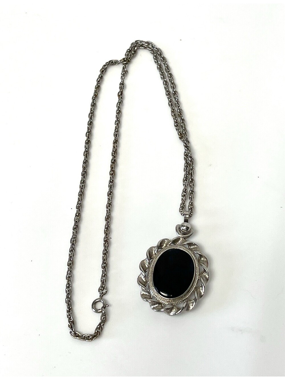Vintage Emmons Silver Tone Necklace Black Stone Pendant Signed